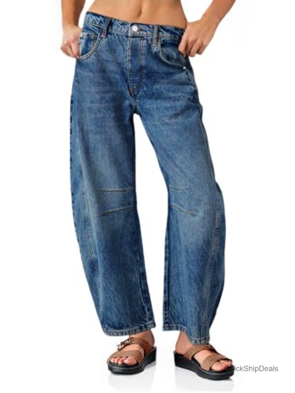 Womens Baggy Boyfriend Jeans Wide Leg Mid Rise Barrel Ankle Denim Pants